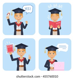 Set of female graduate characters posing in different situations. Cheerful graduate holding diploma, laughing, working with a laptop. Flat style vector illustration