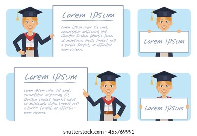 Set of female graduate characters posing with different banners. Cheerful graduate holding poster, paper, placard. Advertise, teach, promote. Flat style vector illustration