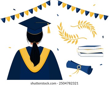 Set with female graduate view from the back and graduation attributes. Diploma, cap with tassel, books, laurel branches, garland and confetti. Design elements for card, poster, scrapbooking, stickers