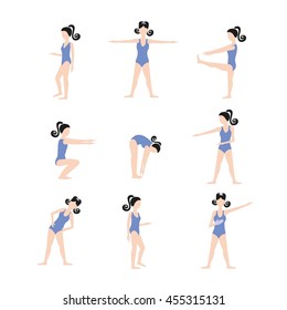 Set of female gymnastics  training exercises, health gymnastics vector illustration. Morning exercise woman figure.