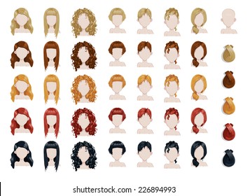 Set Of Female Hair Style Sprites. Vector Game Design For App