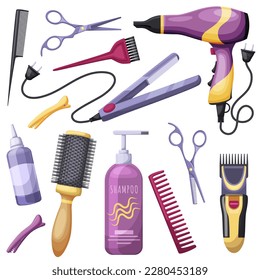 Set of female hairdresser accessories. Professional tools for curling and haircut barbershop. Hair brush, comb, colorful hairdryer, razor scissors. Beauty salon barber accessory. Vector illustration