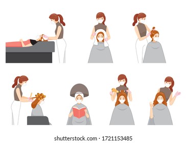 Set Of Female Hairdresser Wearing Surgical Mask Doing Hair For Customer In Hair Salon, New Normal, Beauty, Shop, Healthcare