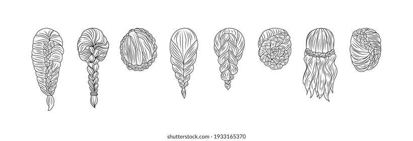 Set of female hairstyles with braids in hand drawn sketch style vector illustration isolated on white background. Wedding hairstyles and event hairdo bundle.