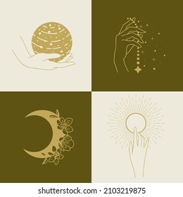 A set of female hand emblems in a minimalistic linear style. Hand gestures holding mystical symbols.