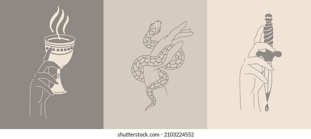 A set of female hand emblems in a minimalistic linear style. Hand gestures holding mystical symbols.