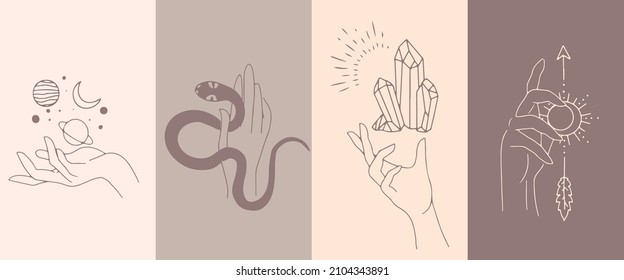 A set of female hand emblems in a minimalistic linear style. Hand gestures holding mystical symbols.