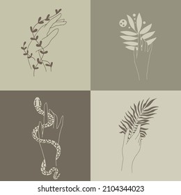 A set of female hand emblems in a minimalistic linear style. Hand gestures holding mystical symbols.