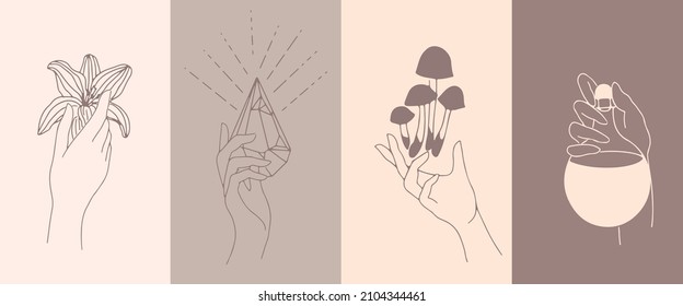 A set of female hand emblems in a minimalistic linear style. Hand gestures holding mystical symbols.