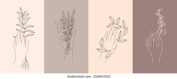Un conjunto de emblemas femeninos de mano en un estilo lineal minimalista. Gestos de manos sosteniendo una rama con hojas. Para el diseño cosmético, estudio de belleza