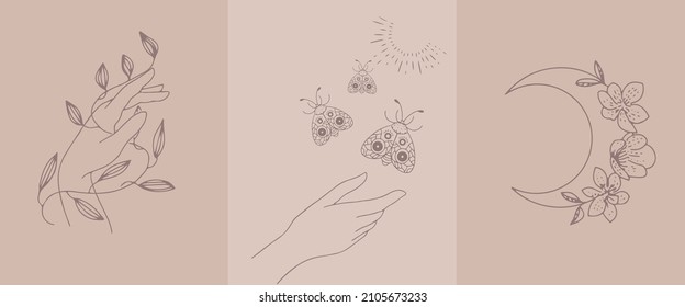 A set of female hand emblems in a minimalistic linear style. Hand gestures holding mystical symbols.