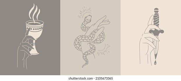 A set of female hand emblems in a minimalistic linear style. Hand gestures holding mystical symbols.