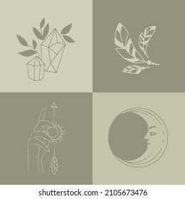Eine Reihe weiblicher Handzeichen in minimalistischer Linearität. Handgesten mit mystischen Symbolen.