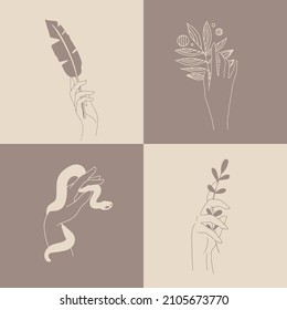A set of female hand emblems in a minimalistic linear style. Hand gestures holding mystical symbols.