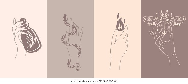 Un conjunto de emblemas femeninos de mano en un estilo lineal minimalista. Gestos manuales sosteniendo símbolos místicos.