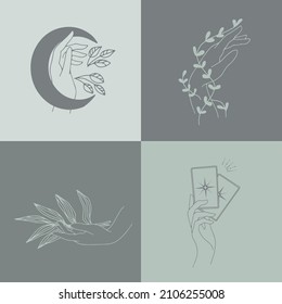 A set of female hand emblems in a minimalistic linear style. Hand gestures holding mystical symbols.