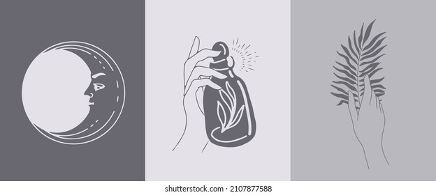 A set of female hand emblems in a minimalistic linear style. Hand gestures holding mystical symbols.