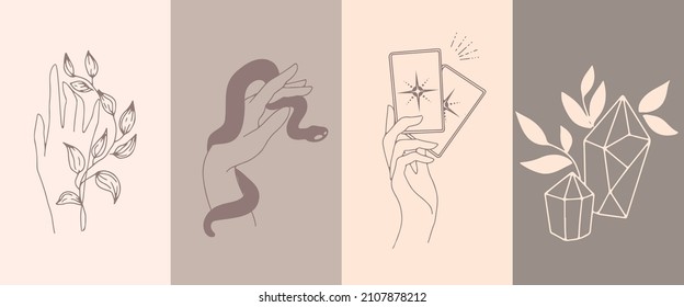 Eine Reihe weiblicher Handzeichen in minimalistischer Linearität. Handgesten mit mystischen Symbolen.