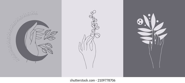 Un conjunto de emblemas femeninos de mano en un estilo lineal minimalista. Gestos de manos sosteniendo una rama con hojas. Para el diseño cosmético, estudio de belleza