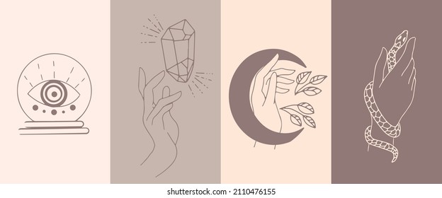 Un conjunto de emblemas femeninos de mano en un estilo lineal minimalista. Gestos manuales sosteniendo símbolos místicos.