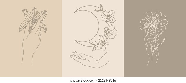 A set of female hand emblems in a minimalistic linear style. Gestures of hands holding a branch with leaves. For cosmetics design, beauty studio