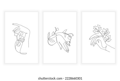 set of female and hand gesture line art, continuous line. for logo design.