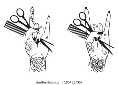 Set of female hand with hairdressing tools. Collection of stylists hand with scissors. Logo for beauty salon. Tattoo.  Horn sign. Vector illustration of emblem of hairdresser wrist.