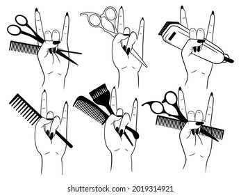 Set of female hand with hairdressing tools. Collection of stylists hand with scissors. Hairdresser logo for beauty salon. Horn sign. Tattoo.