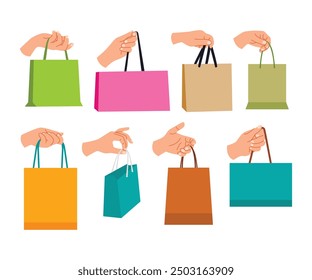 Set of female hand holding shopping bag set collection, Shopping in mall and eco friendly concept, Delivery online shopping concept, Birthday Present gift back, Sack for purchases, presents icon.