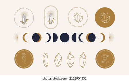 A Set Of Female Hand Logos Crystal In A Minimal Linear Style. Mystical Logo Template Of Sun Crystals And Moon