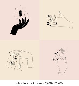 Conjunto de logotipos femeninos en un estilo minimalista lineal. Modelos de diseño de logotipo abstracto vectorial con diferentes gestos, luna, estrellas y cristal. Para cosméticos, wellness, tatuaje, Spa, manicura, belleza