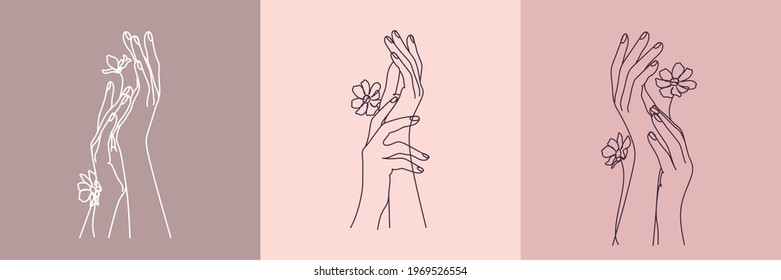 Un conjunto de logos de mano femeninas en un estilo lineal mínimo. Diseño del logotipo de arte de línea de vectores. Para cosméticos, belleza, tatuaje, Spa, manicura, joyería