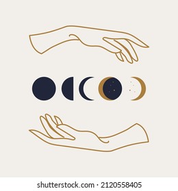 A set of female hand logos in a minimal linear style. Vector logo design. For cosmetics, beauty, tattoo, Spa, manicure, jewelry store