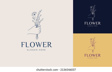 A set of female hand logos in a minimal linear style. Vector logo design Templates with different hand gestures, Crystal. For cosmetics, beauty, tattoo, Spa, feminine, jewelry store