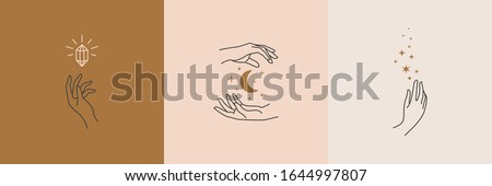 A set of female hand logos in a minimal linear style. Vector logo design Templates with different hand gestures, moon, stars and Crystal. For cosmetics, beauty, tattoo, Spa, manicure, jewelry store