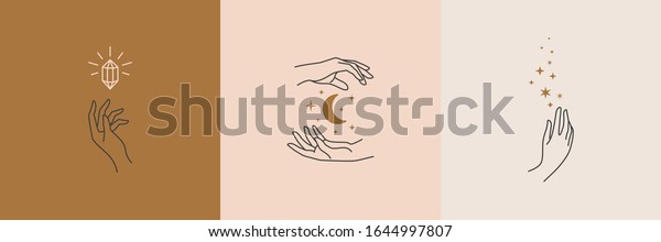 A set of female hand logos in a minimal linear\
style. Vector logo design Templates with different hand gestures,\
moon, stars and Crystal. For cosmetics, beauty, tattoo, Spa,\
manicure, jewelry store