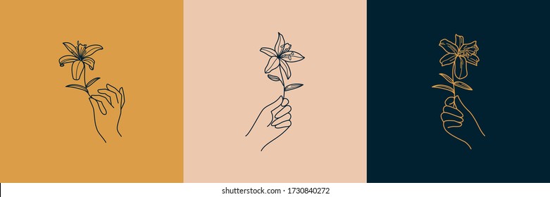 A set of Female Hand logos in a minimalist simple linear style. Vector emblems and Badges with a woman's hand and Lily flowers. Feminine icon for Studio a nail and hair salon, Spa