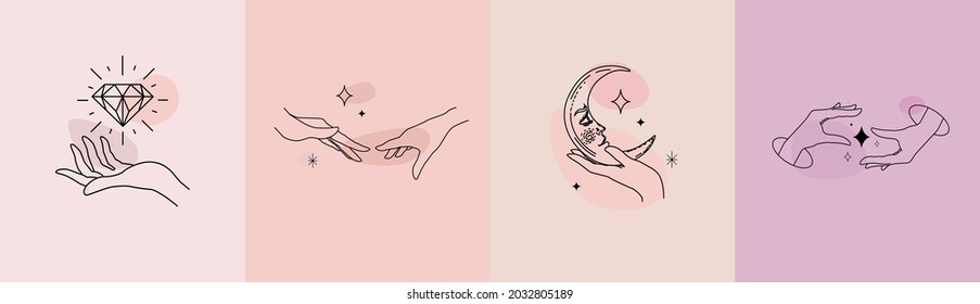 Set of female hand logos templates, emblems. Beauty, cosmetics, occultism, astrology, spirituality, chic, prestige. Logo design with various hand gestures. Linear compositions. Vector, flat illustrati