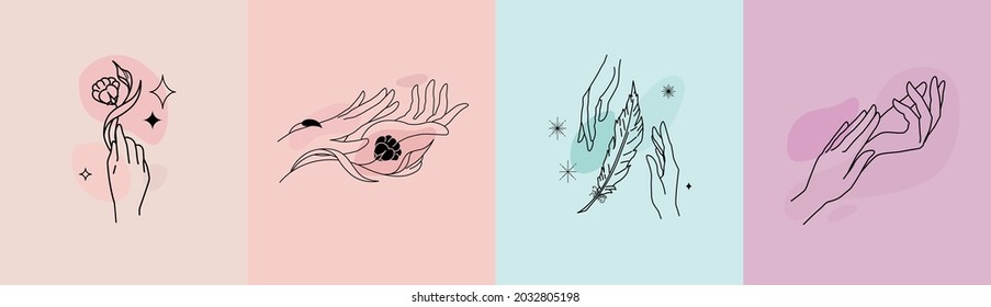 Set of female hand logos templates, emblems. Beauty, lightness. Logo design with various hand gestures. Linear compositions. Vector, flat illustration