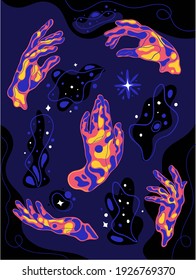 Un conjunto de manos femeninas con un estilo lineal mínimo. Cartel de diseño del logo vectorial con diferentes gestos de mano, estrellas y cristal. Para los amantes de los cosméticos, la belleza, el tatuaje, el spa, la manicura, la joyería.