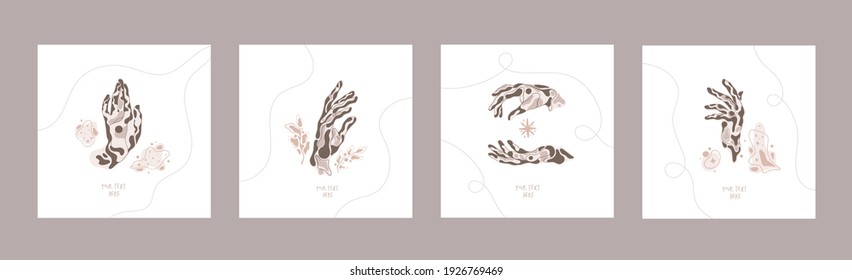 A set of female hand in a minimal linear style. Vector logo design card with different hand gestures,stars and Crystal. For cosmetics, beauty, tattoo, Spa, manicure, jewelry store.Space galaxy