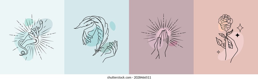 A set of female hand templates, emblems. Beauty, beauty, tenderness, faith, hope. Logo design with various hand gestures. Linear compositions. Vector flat illustration