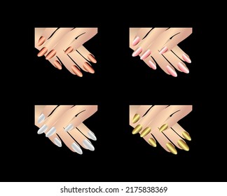Set of female hand vector with Metallic pink , rose gold , white silver, yellow gold color nail polish enamel on black background for woman salon and beauty care.