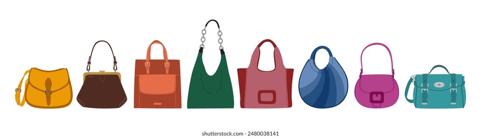 Set of female handbags. Fashion modern accessories. Hand drawn vector illustration isolated on white background, flat cartoon style.