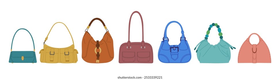 Conjunto de bolsas femininas. Moda acessórios modernos. Ilustração vetorial desenhada à mão isolada sobre fundo branco, estilo de desenho animado plano.