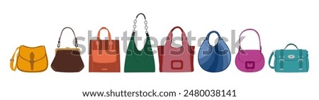 Set of female handbags. Fashion modern accessories. Hand drawn vector illustration isolated on white background, flat cartoon style.