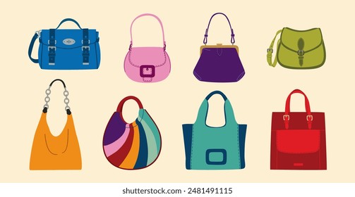 Set of female handbags. Fashion trendy accessories. Hand drawn vector illustration isolated on light background, modern flat cartoon style.