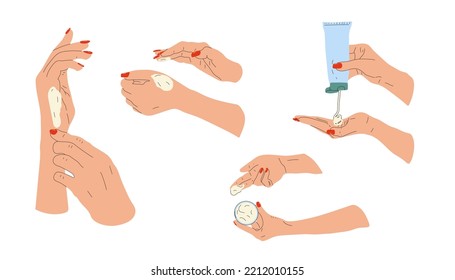 Set of Female hands with cream. Woman applying treatment lotion. Hand drawn vector illustration