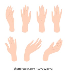 Conjunto de manos femeninas con diferentes gestos. Partes del cuerpo humano, cuidado del cuerpo, belleza femenina. Ilustración vectorial en estilo plano aislado en fondo blanco