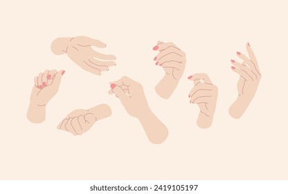 Set of female hands with different gestures. Vector illustration in flat style